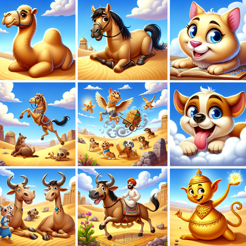 Colorful cartoon storyboard showing 8 key scenes from The Grumpy Camel