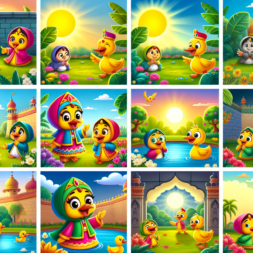 Colorful cartoon storyboard showing 8 key scenes from The Clever Duck