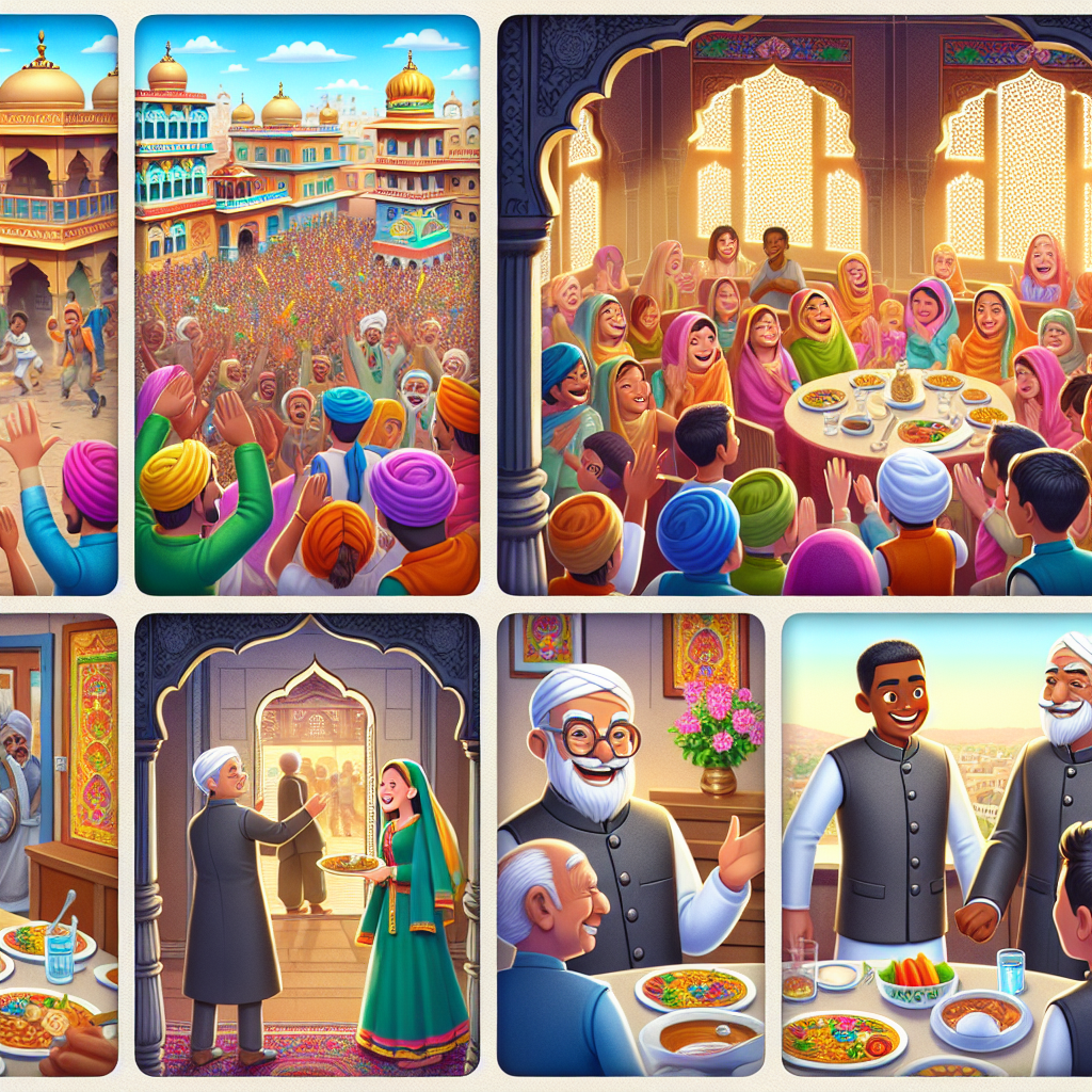Colorful cartoon storyboard showing 8 key scenes from The Guest Who Never Laughed