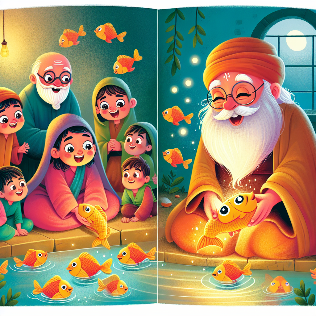 Colorful children's illustration for the story: The Guru Who Swallowed Fish
