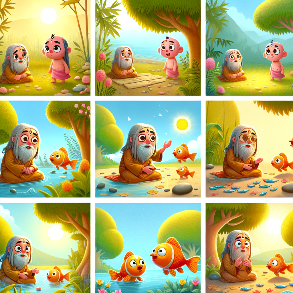 Colorful cartoon storyboard showing 8 key scenes from The Guru Who Swallowed Fish