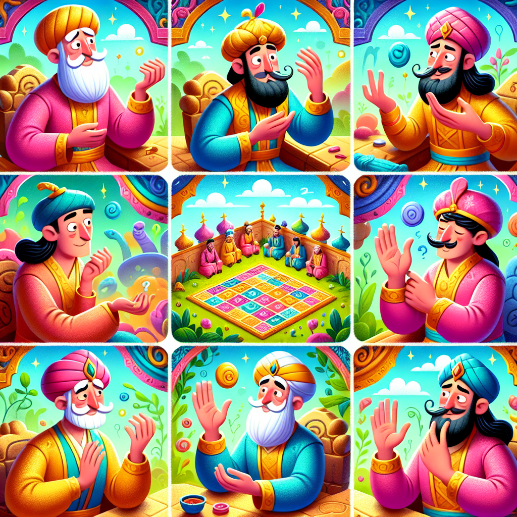 Colorful cartoon storyboard showing 8 key scenes from The Mystery of the Hairless Palms