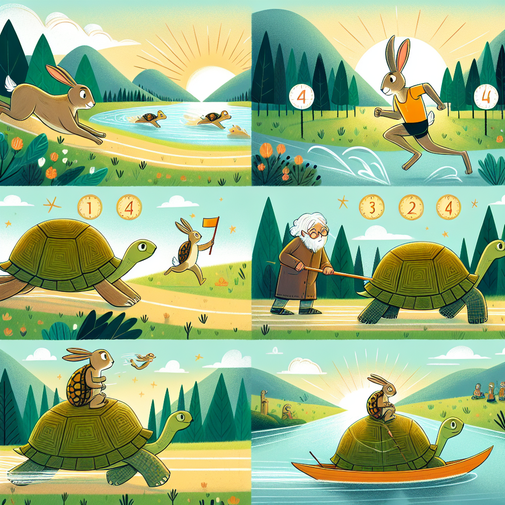 Colorful children's illustration for the story: The Tortoise and the Hare Race Again