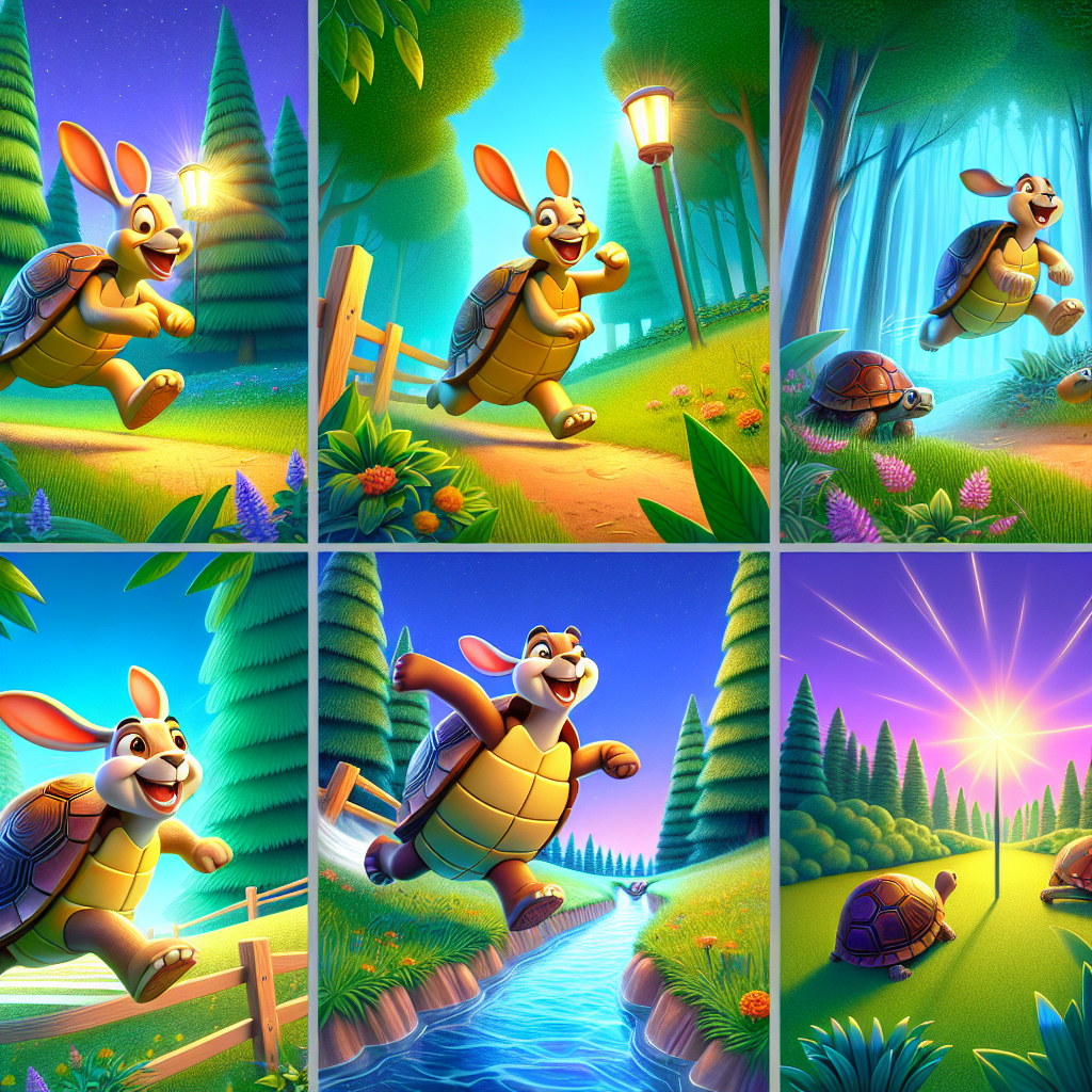 Colorful cartoon storyboard showing 8 key scenes from The Tortoise and the Hare Race Again