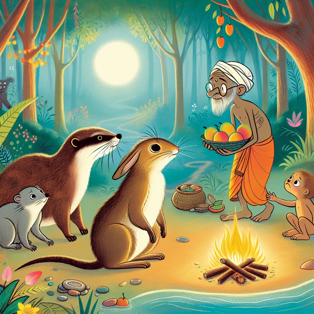 Colorful children's illustration for the story: The Generous Hare
