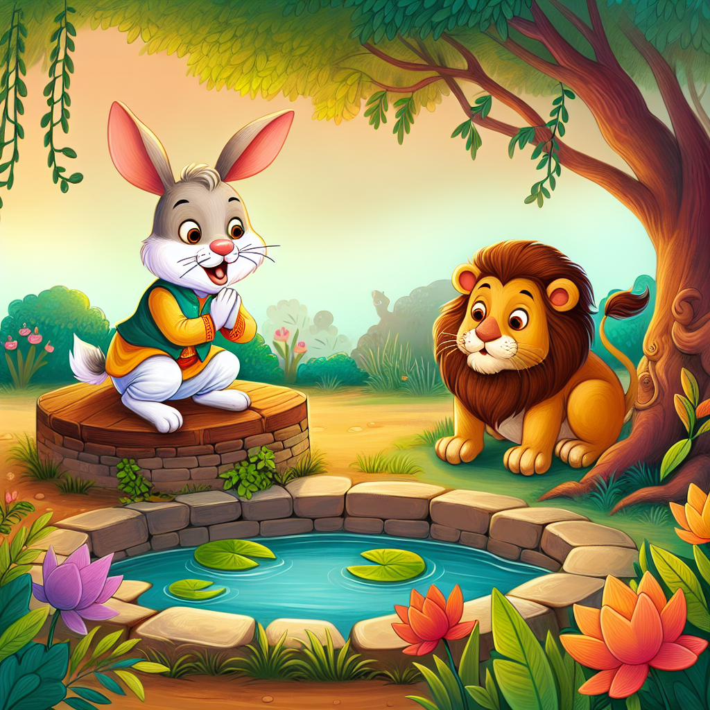 Colorful children's illustration for the story: The Clever Hare