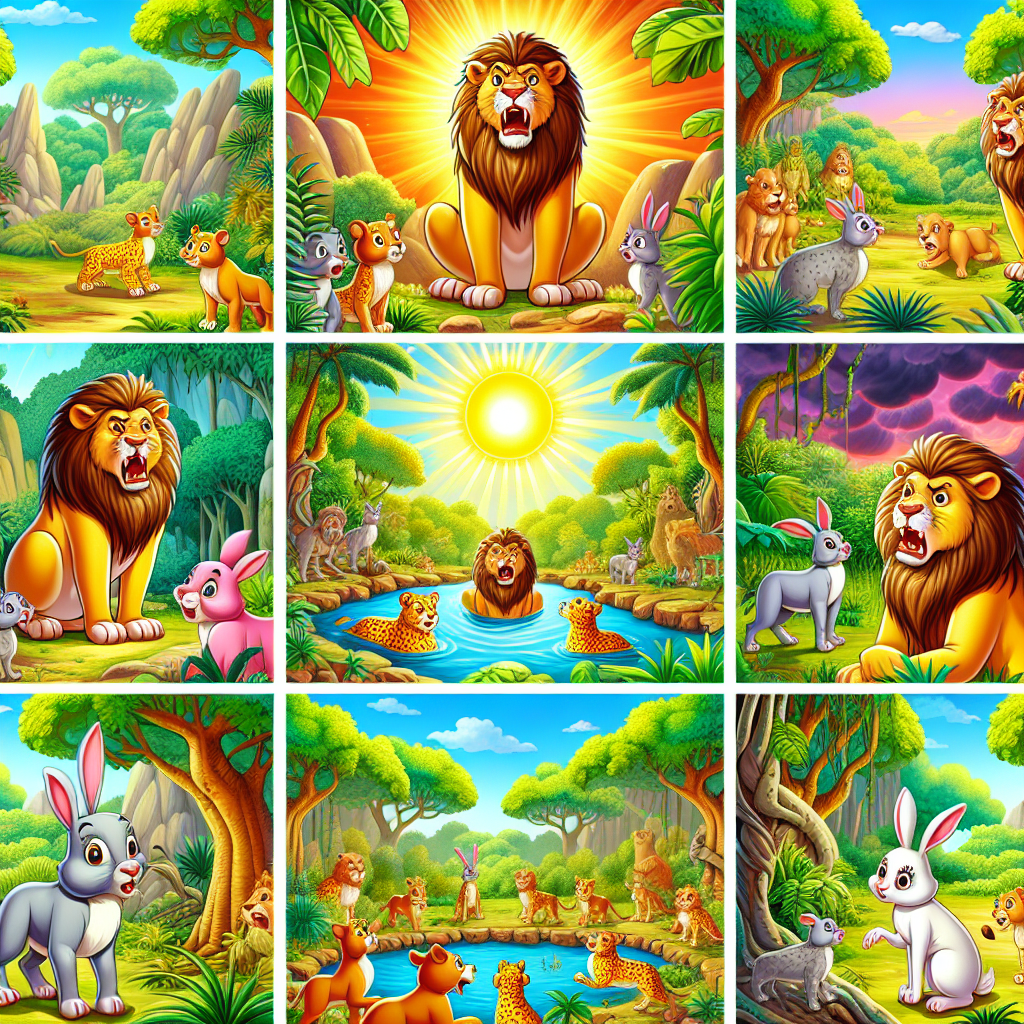 Colorful cartoon storyboard showing 8 key scenes from The Clever Hare