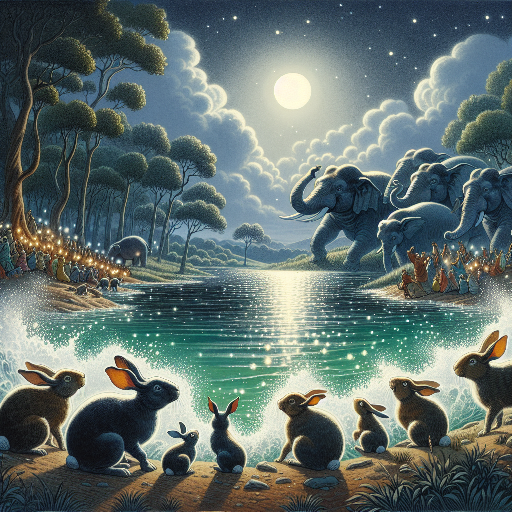 Colorful children's illustration for the story: The Elephants and the Moon Lake
