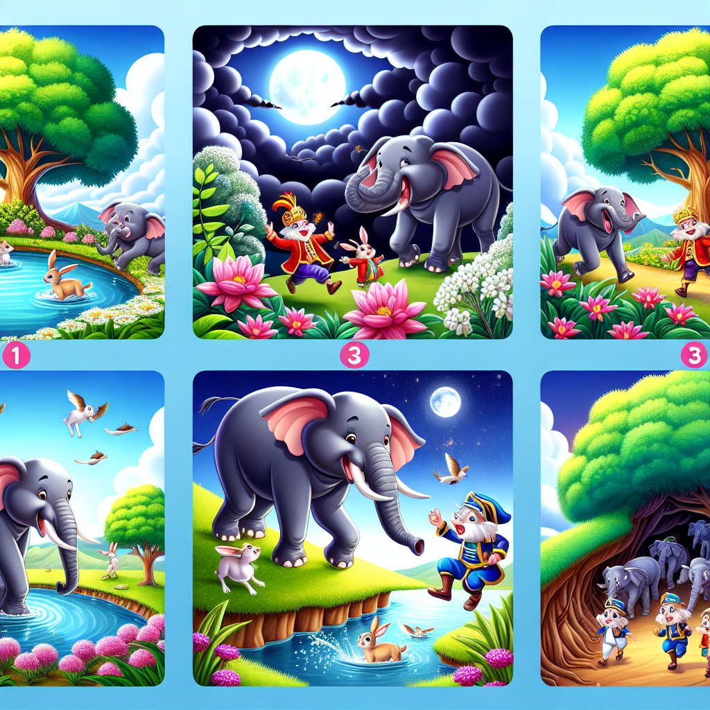 Colorful cartoon storyboard showing 8 key scenes from The Elephants and the Moon Lake