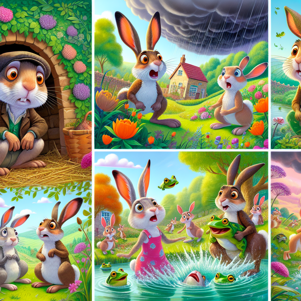 Colorful cartoon storyboard showing 8 key scenes from The Hares and the Fox