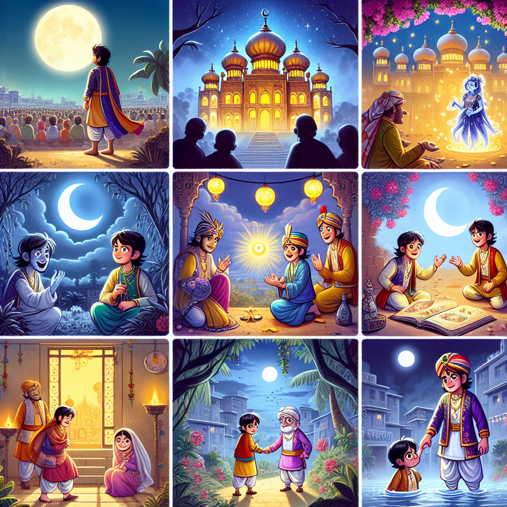 Colorful cartoon storyboard showing 8 key scenes from The Tale of the Two Friends