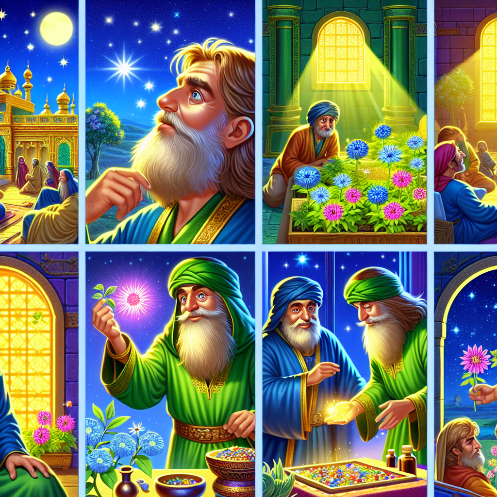 Colorful cartoon storyboard showing 8 key scenes from The Healer and the King