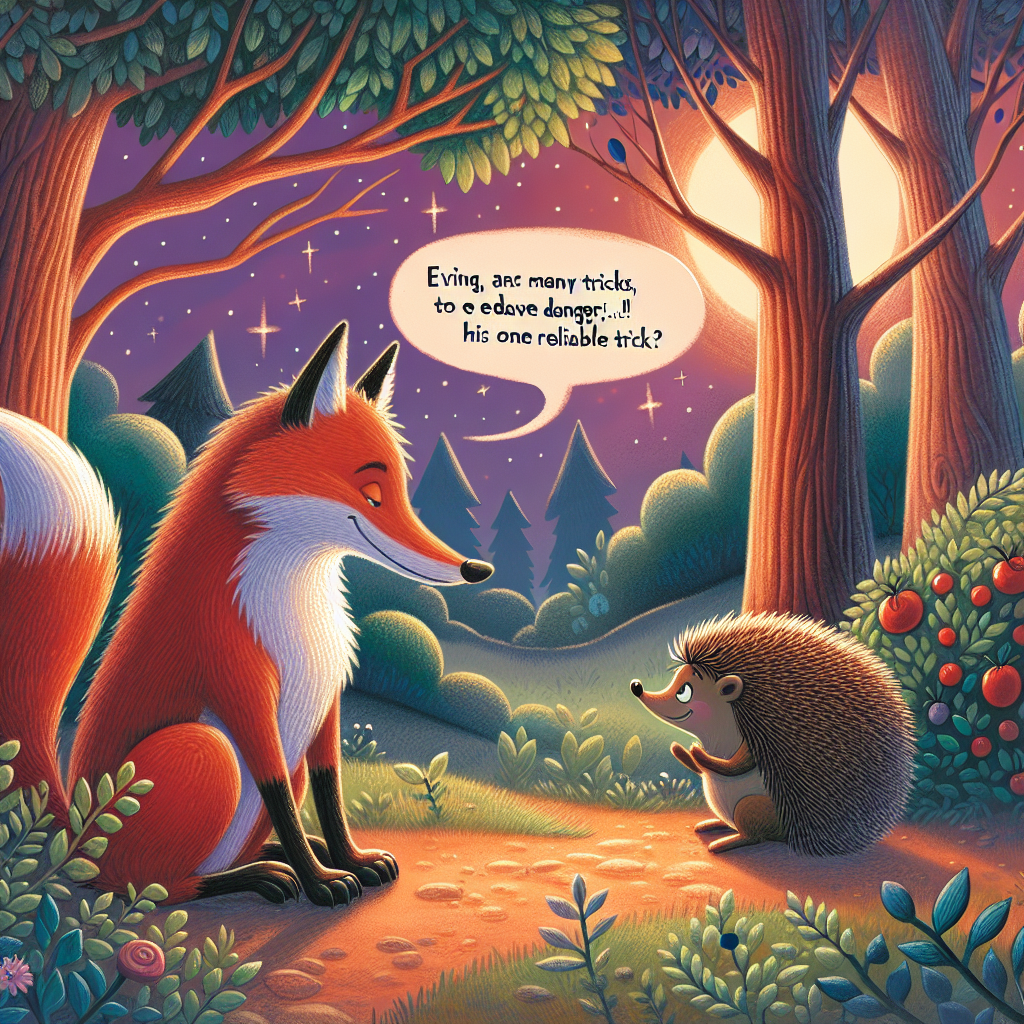 Colorful children's illustration for the story: The Hedgehog and the Fox