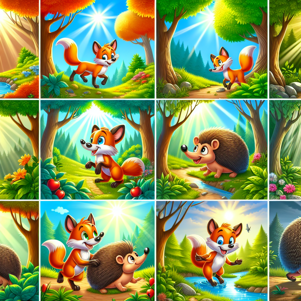 Colorful cartoon storyboard showing 8 key scenes from The Hedgehog and the Fox
