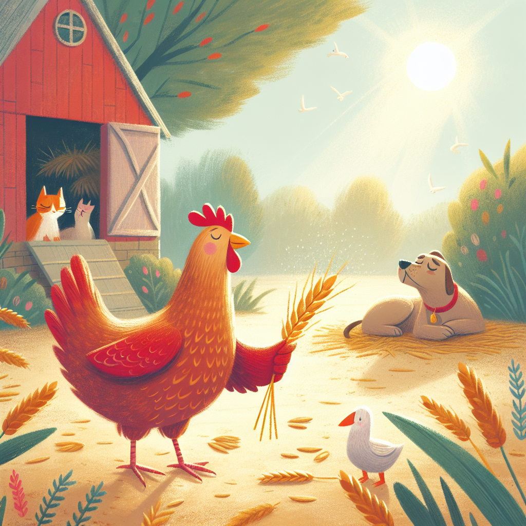 Colorful children's illustration for the story: The Little Red Hen