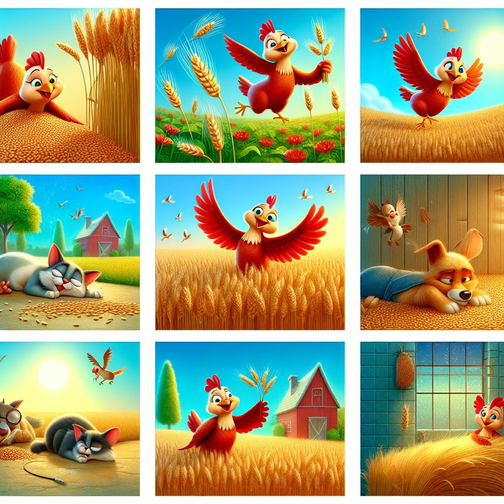 Colorful cartoon storyboard showing 8 key scenes from The Little Red Hen
