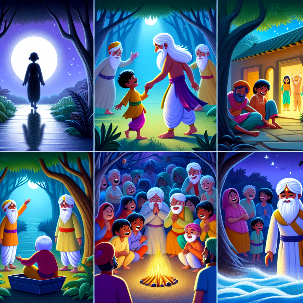 Colorful cartoon storyboard showing 8 key scenes from The Hermit's Strange Bargain