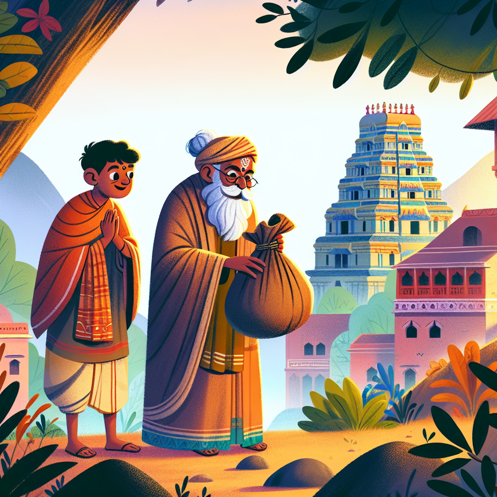 Colorful children's illustration for the story: The Holy Man and the Thief