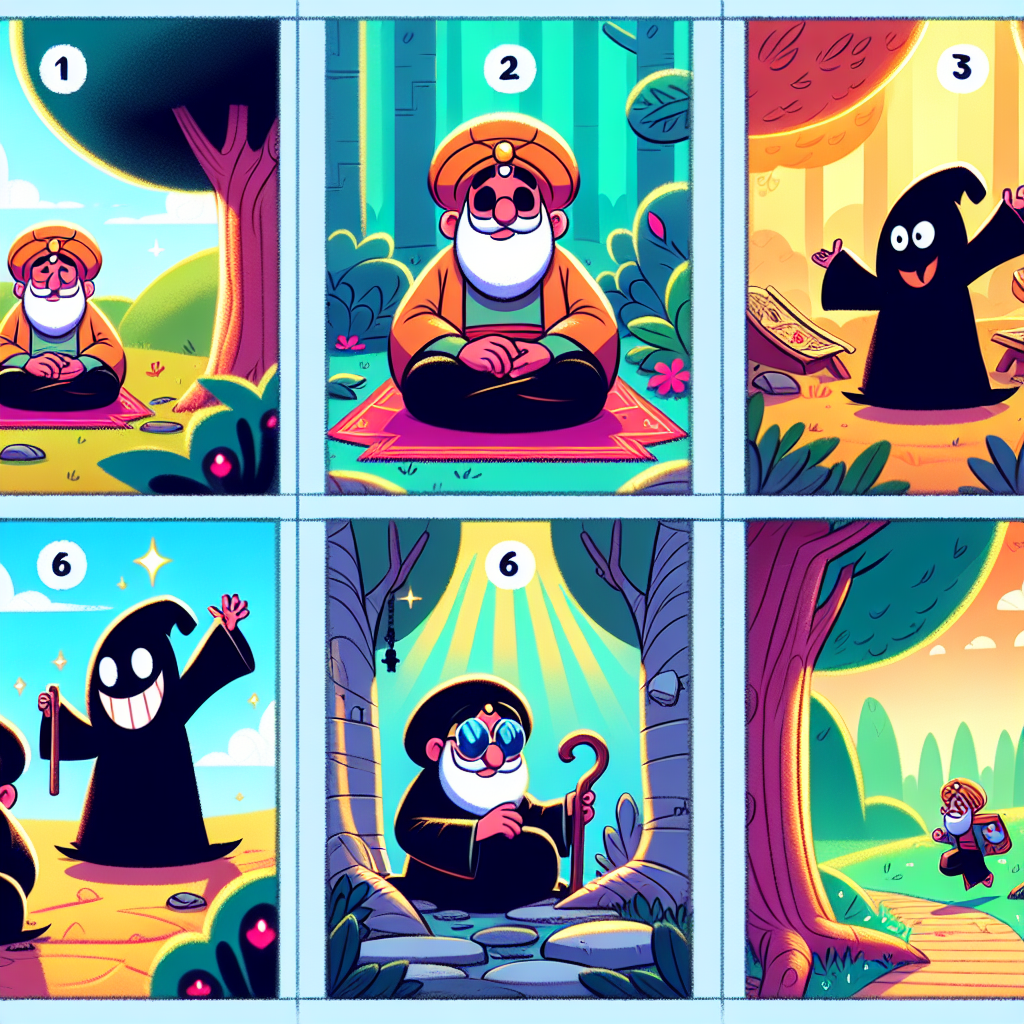 Colorful cartoon storyboard showing 8 key scenes from The Holy Man and the Thief