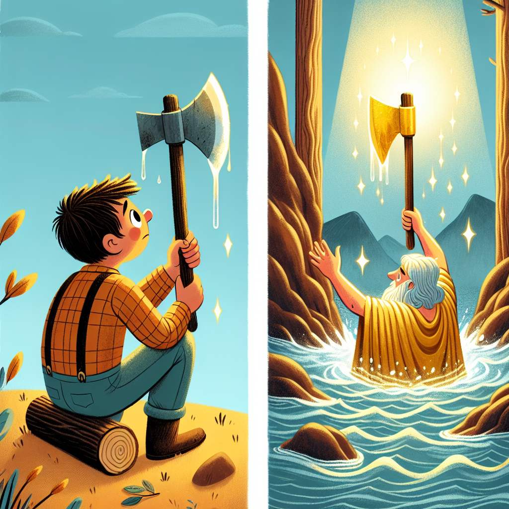 Colorful children's illustration for the story: The Honest Woodman