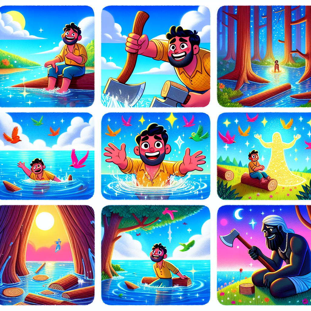 Colorful cartoon storyboard showing 8 key scenes from The Honest Woodman