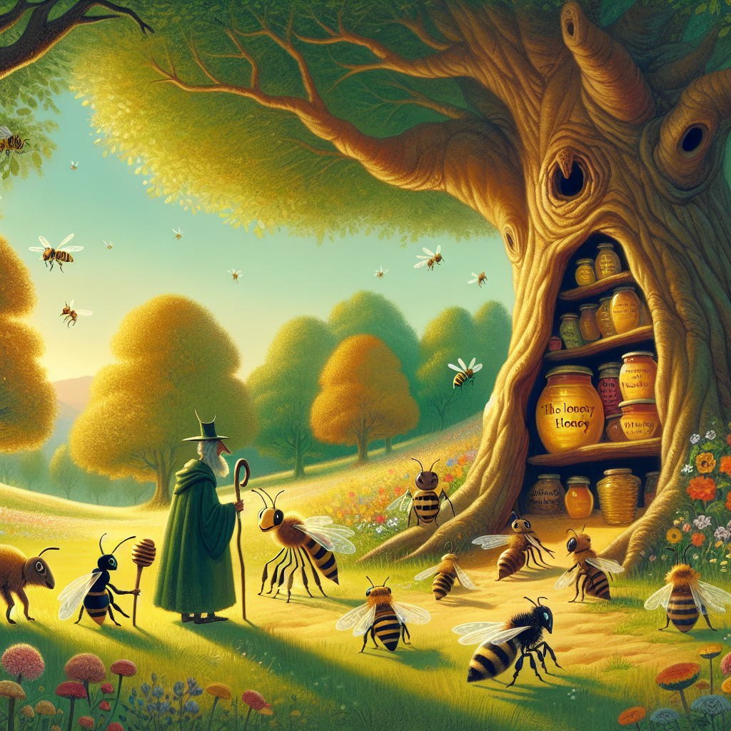 Colorful children's illustration for the story: The Bees and the Wasps