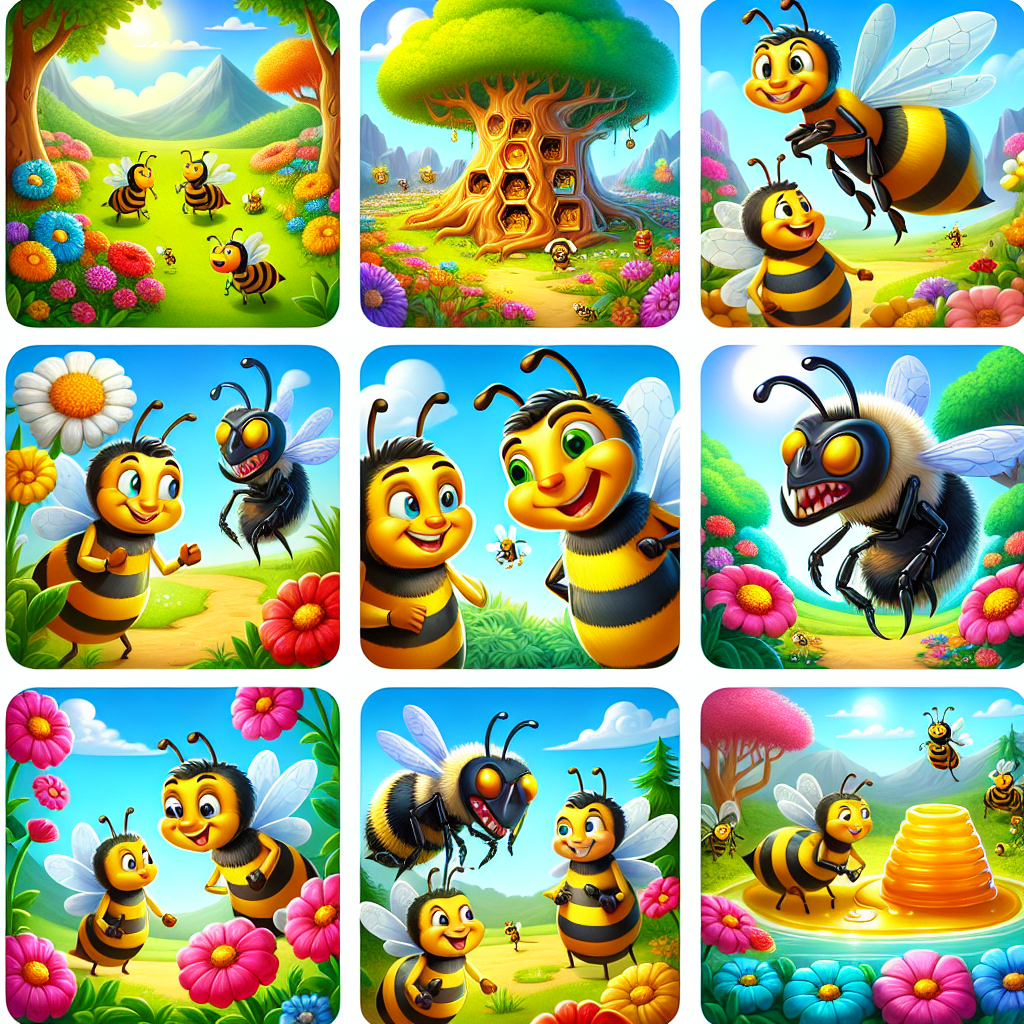 Colorful cartoon storyboard showing 8 key scenes from The Bees and the Wasps