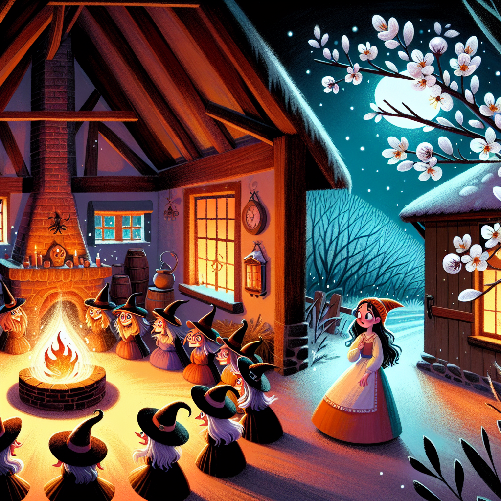 Colorful children's illustration for the story: The Horned Witches