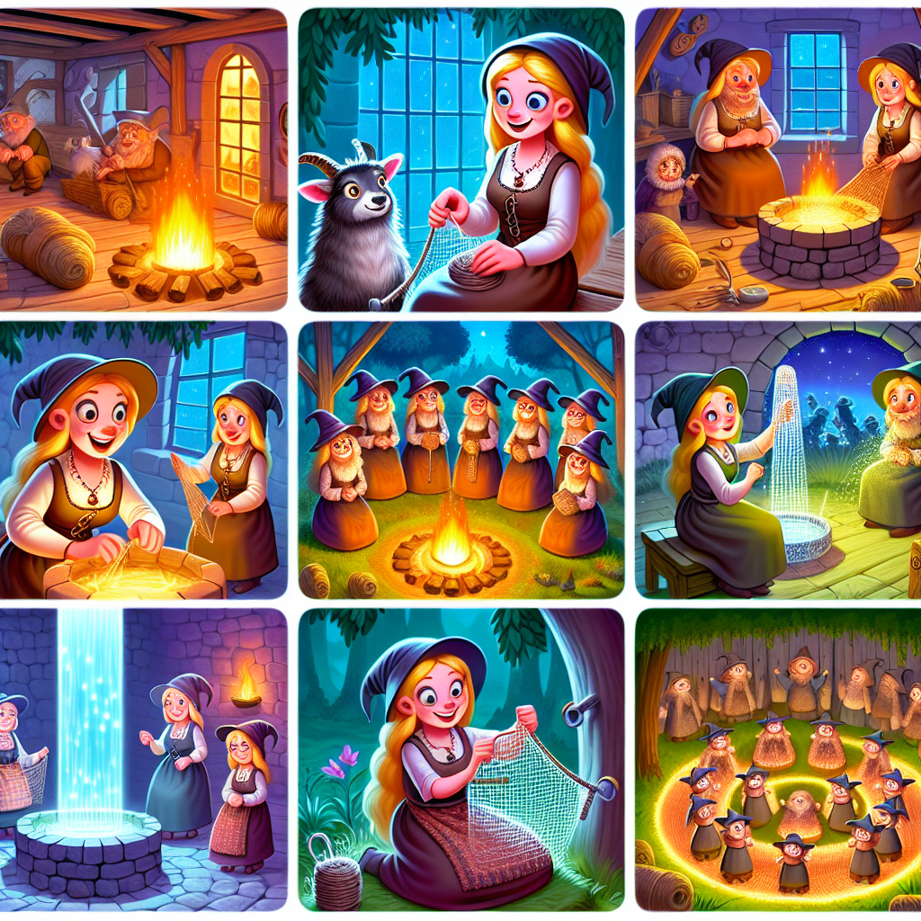 Colorful cartoon storyboard showing 8 key scenes from The Horned Witches