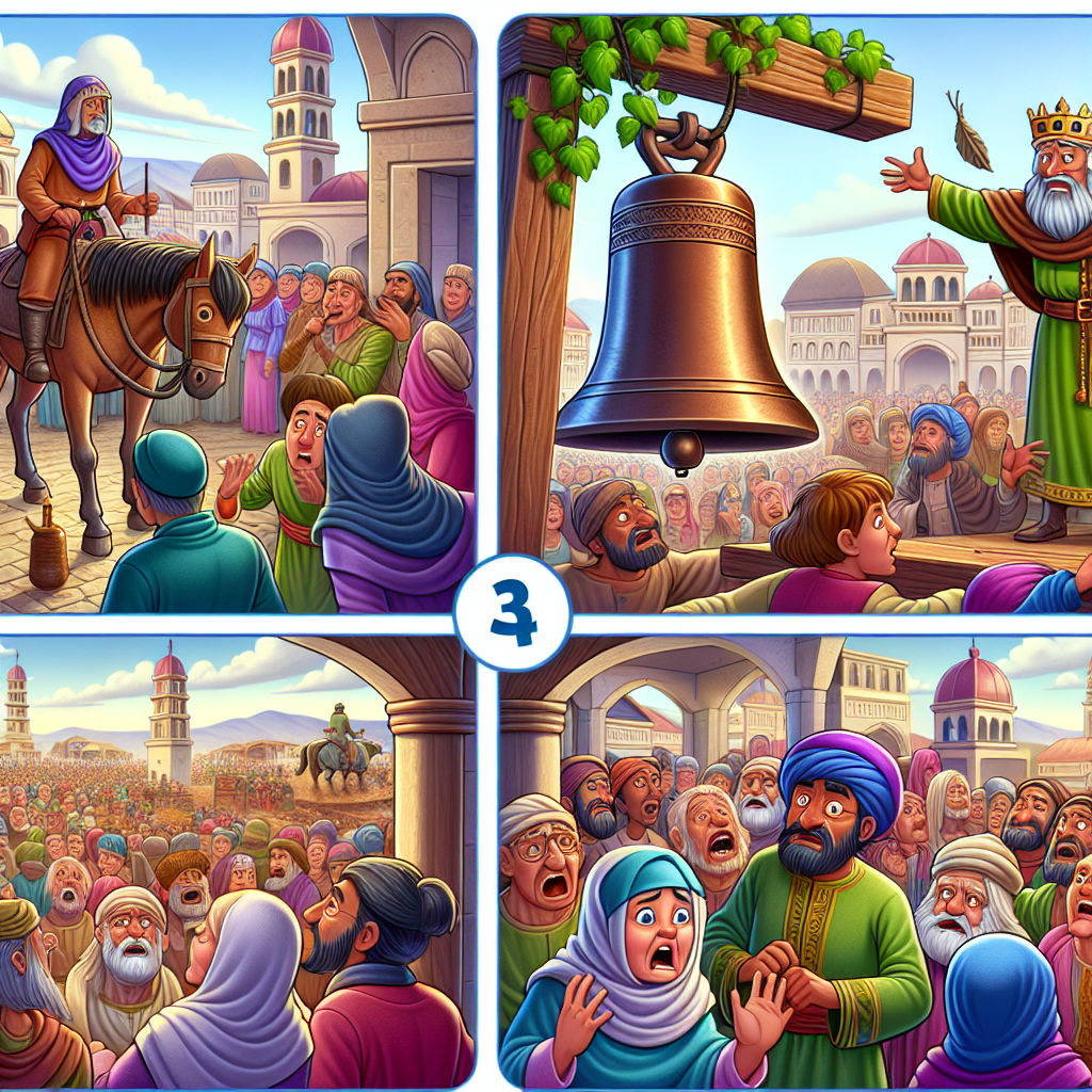 Colorful cartoon storyboard showing 8 key scenes from The Bell of Justice