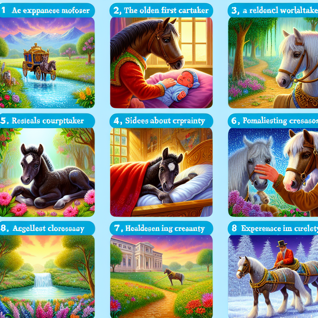 Colorful cartoon storyboard showing 8 key scenes from The Kindness of Black Beauty