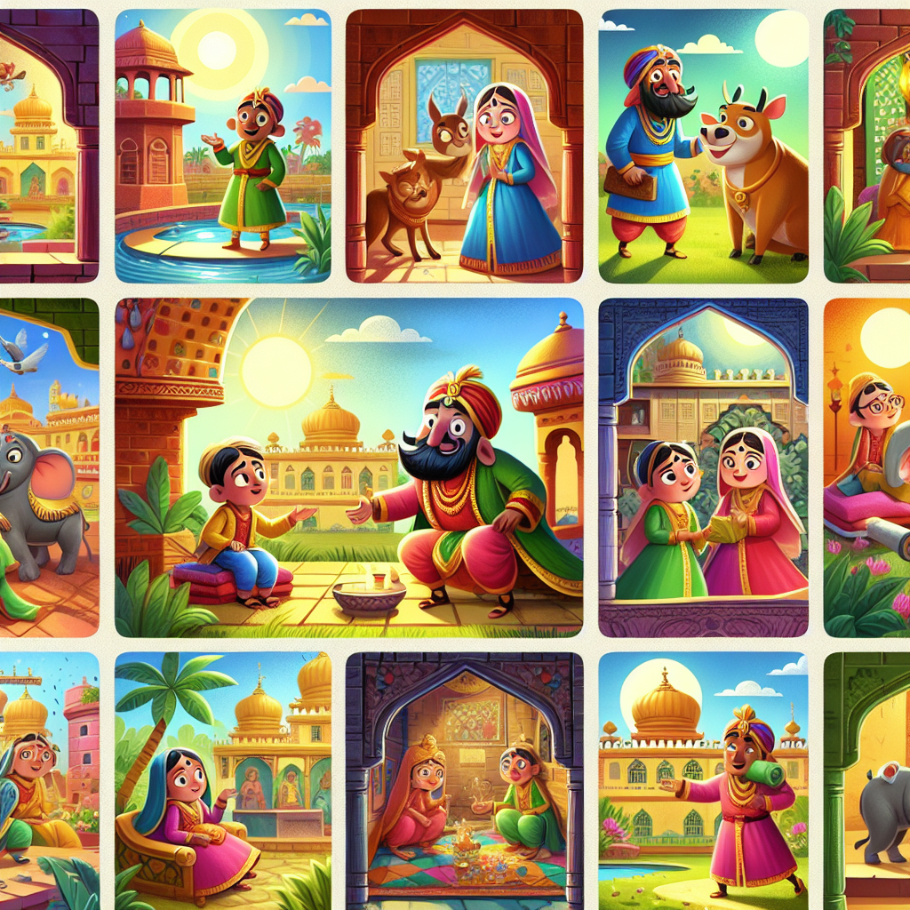 Colorful cartoon storyboard showing 8 key scenes from The Hunchback's Help