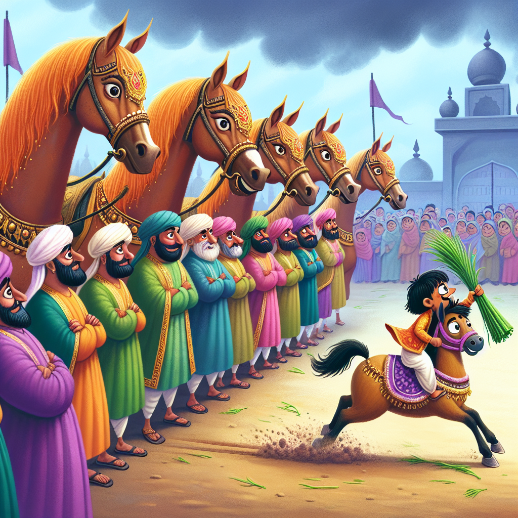 Colorful children's illustration for the story: The Hungry Horse Wins the Race