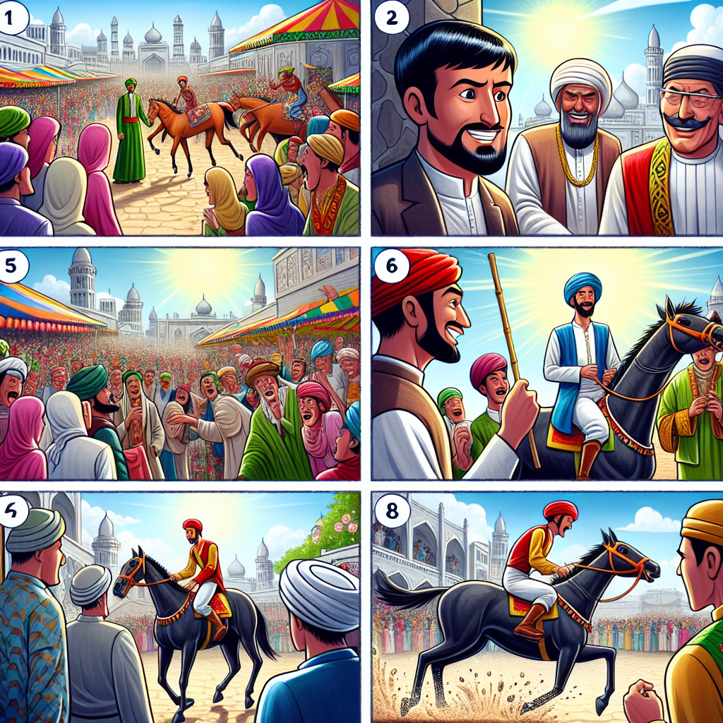 Colorful cartoon storyboard showing 8 key scenes from The Hungry Horse Wins the Race