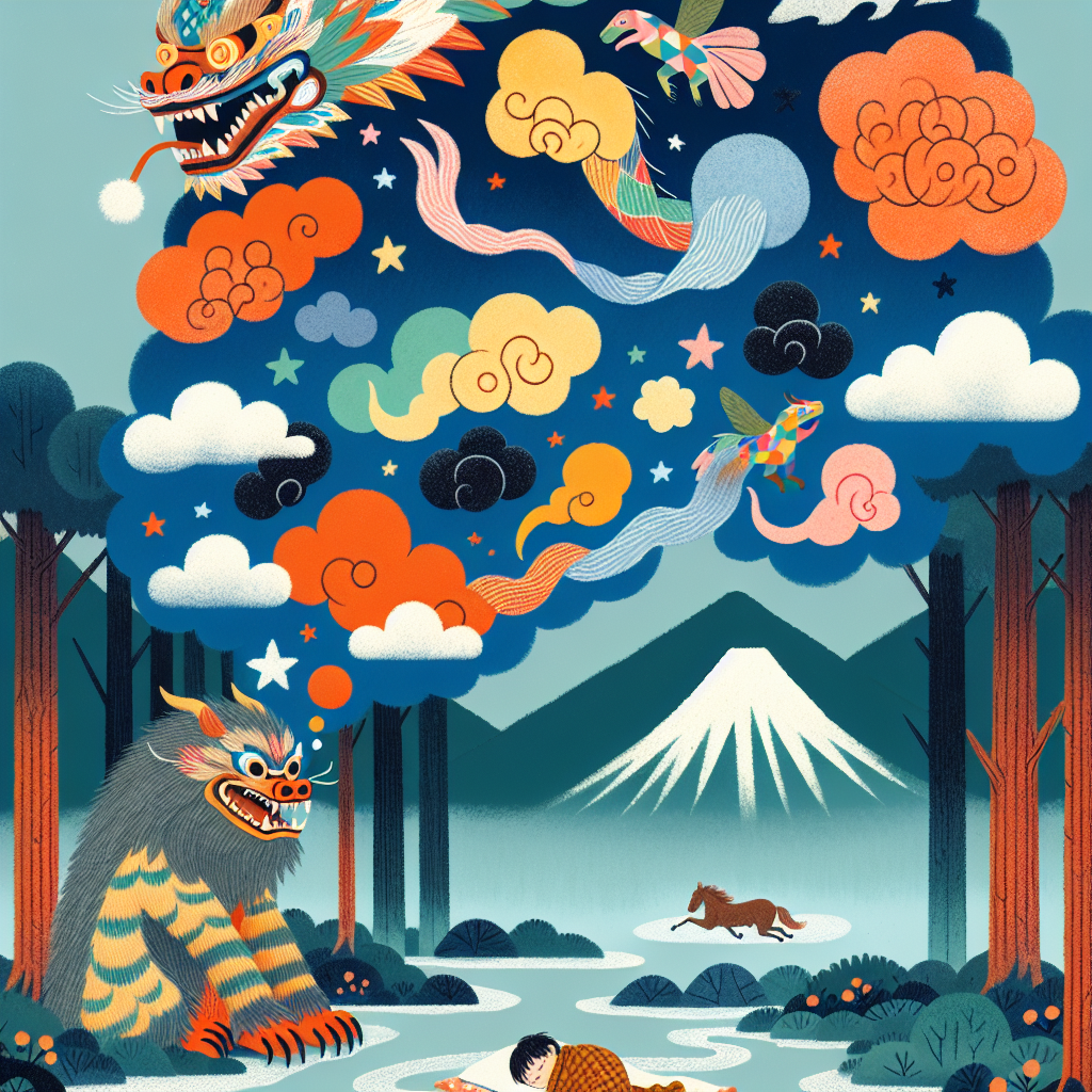 Colorful children's illustration for the story: The Baku Who Eats Dreams