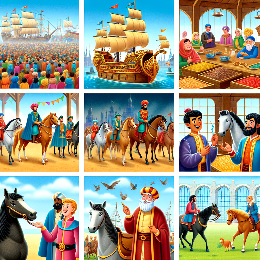 Colorful cartoon storyboard showing 8 key scenes from The Clever Horse