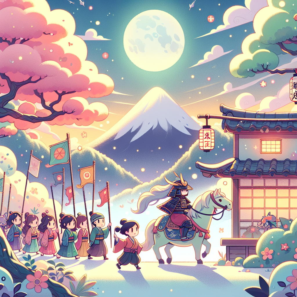 Colorful children's illustration for the story: Issun-boshi