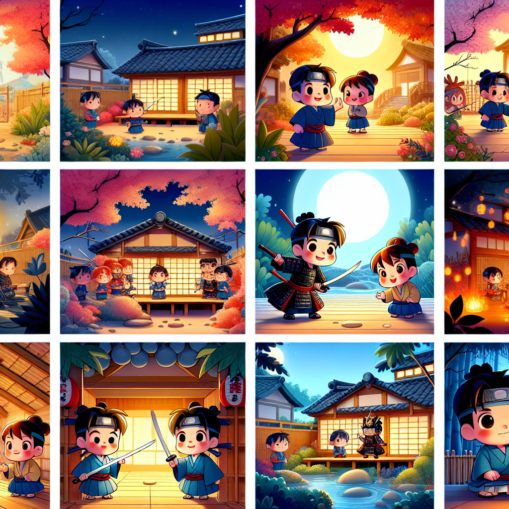 Colorful cartoon storyboard showing 8 key scenes from Issun-boshi