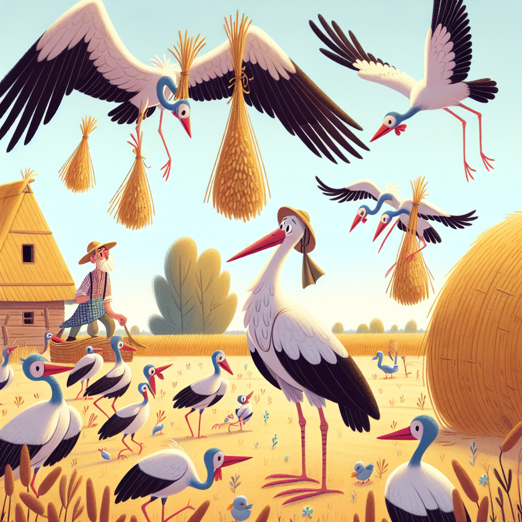 Colorful children's illustration for the story: The Stork and the Cranes