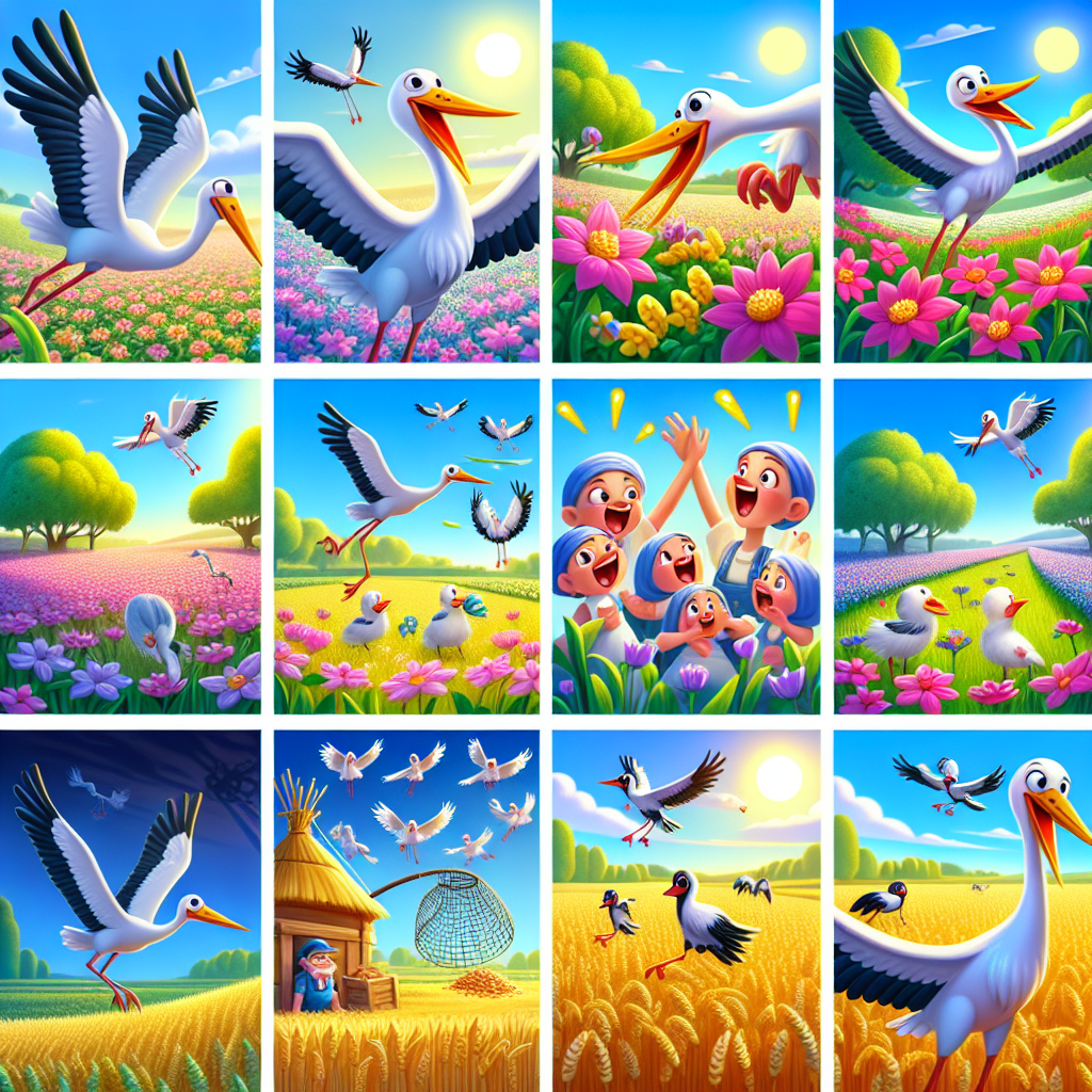 Colorful cartoon storyboard showing 8 key scenes from The Stork and the Cranes