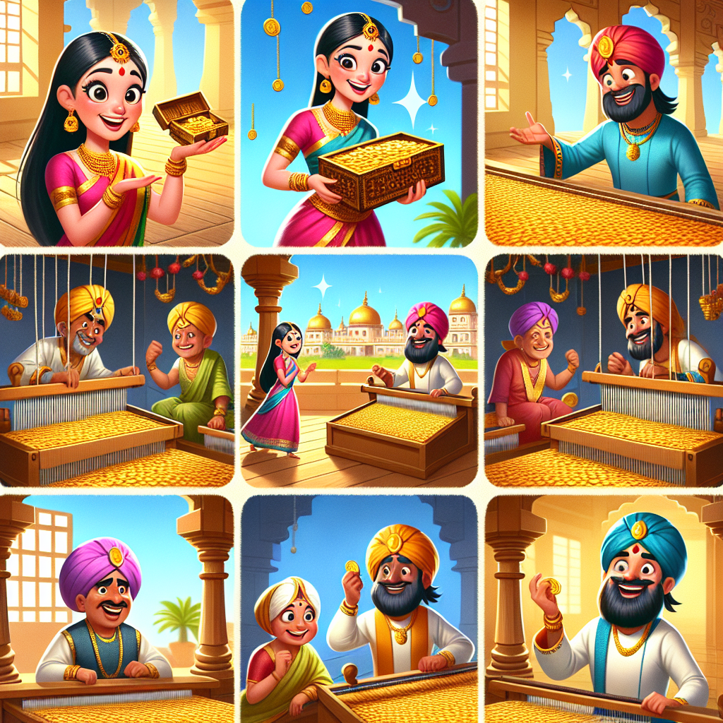 Colorful cartoon storyboard showing 8 key scenes from The Emperor's New Clothes