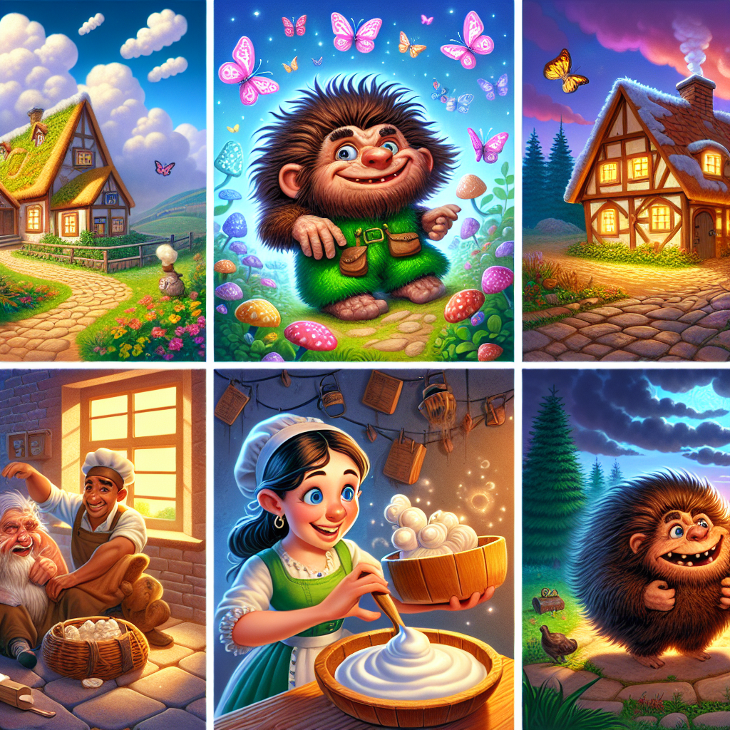 Colorful cartoon storyboard showing 8 key scenes from The Brownie of Blednoch