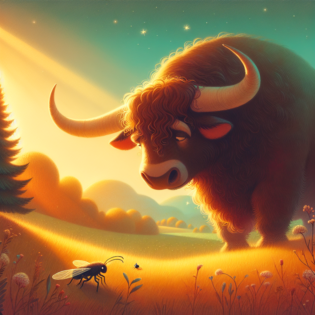 Colorful children's illustration for the story: The Gnat and the Bull