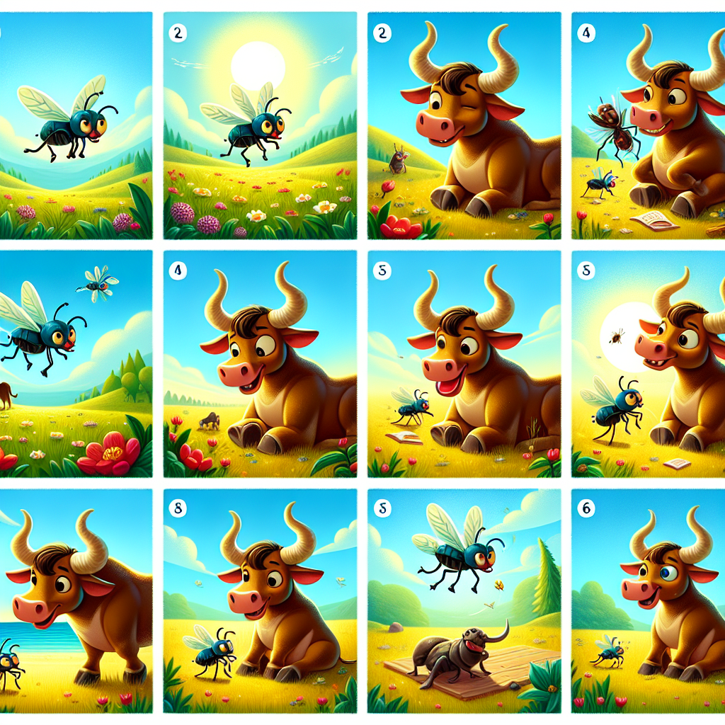 Colorful cartoon storyboard showing 8 key scenes from The Gnat and the Bull