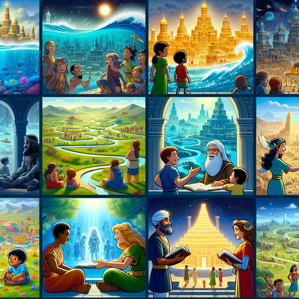 Colorful cartoon storyboard showing 8 key scenes from The Lost City of Atlantis