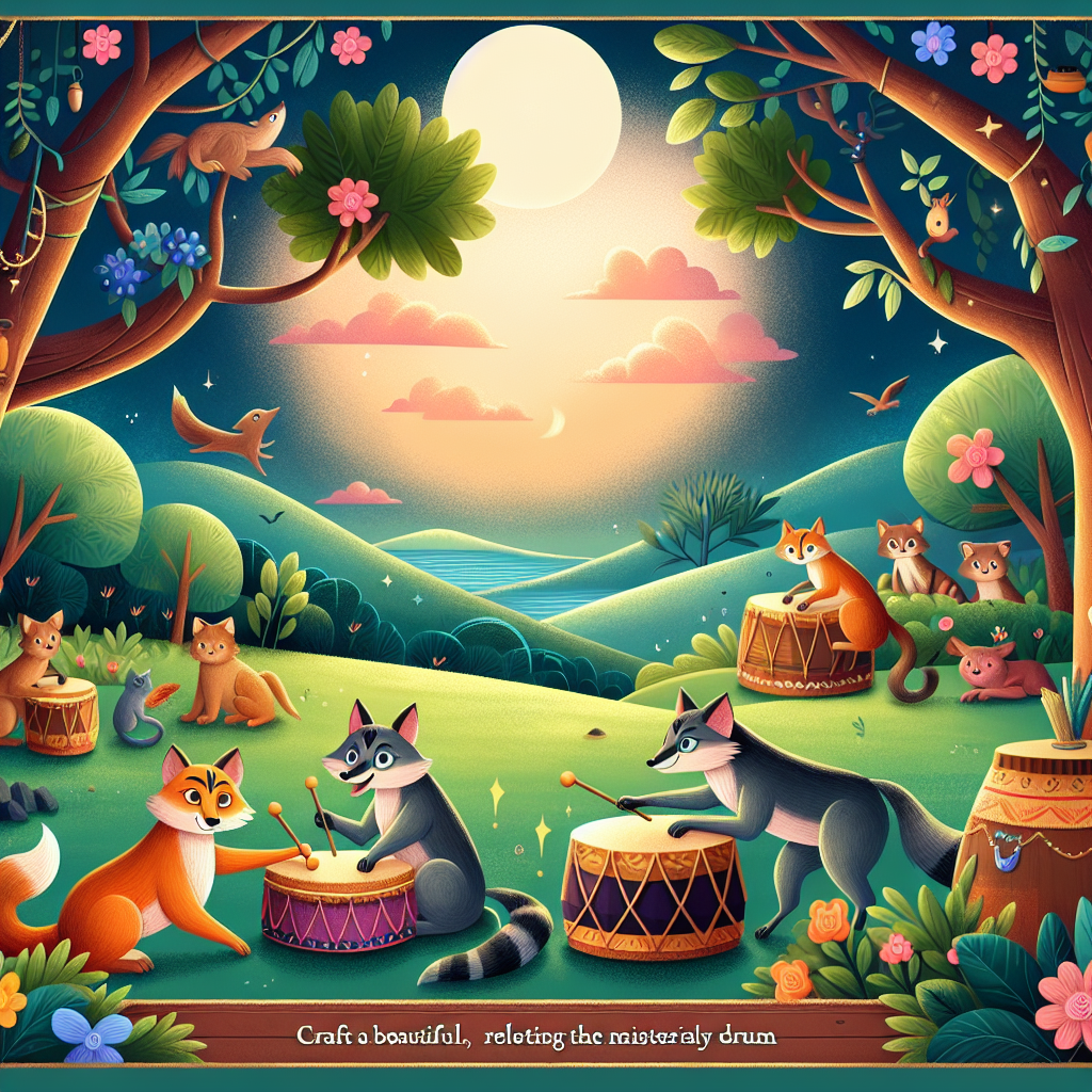 Colorful children's illustration for the story: The Jackal and the Drum