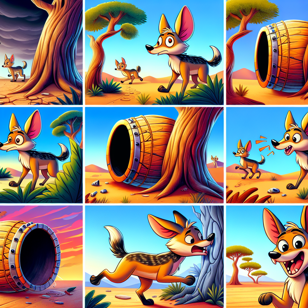 Colorful cartoon storyboard showing 8 key scenes from The Jackal and the Drum