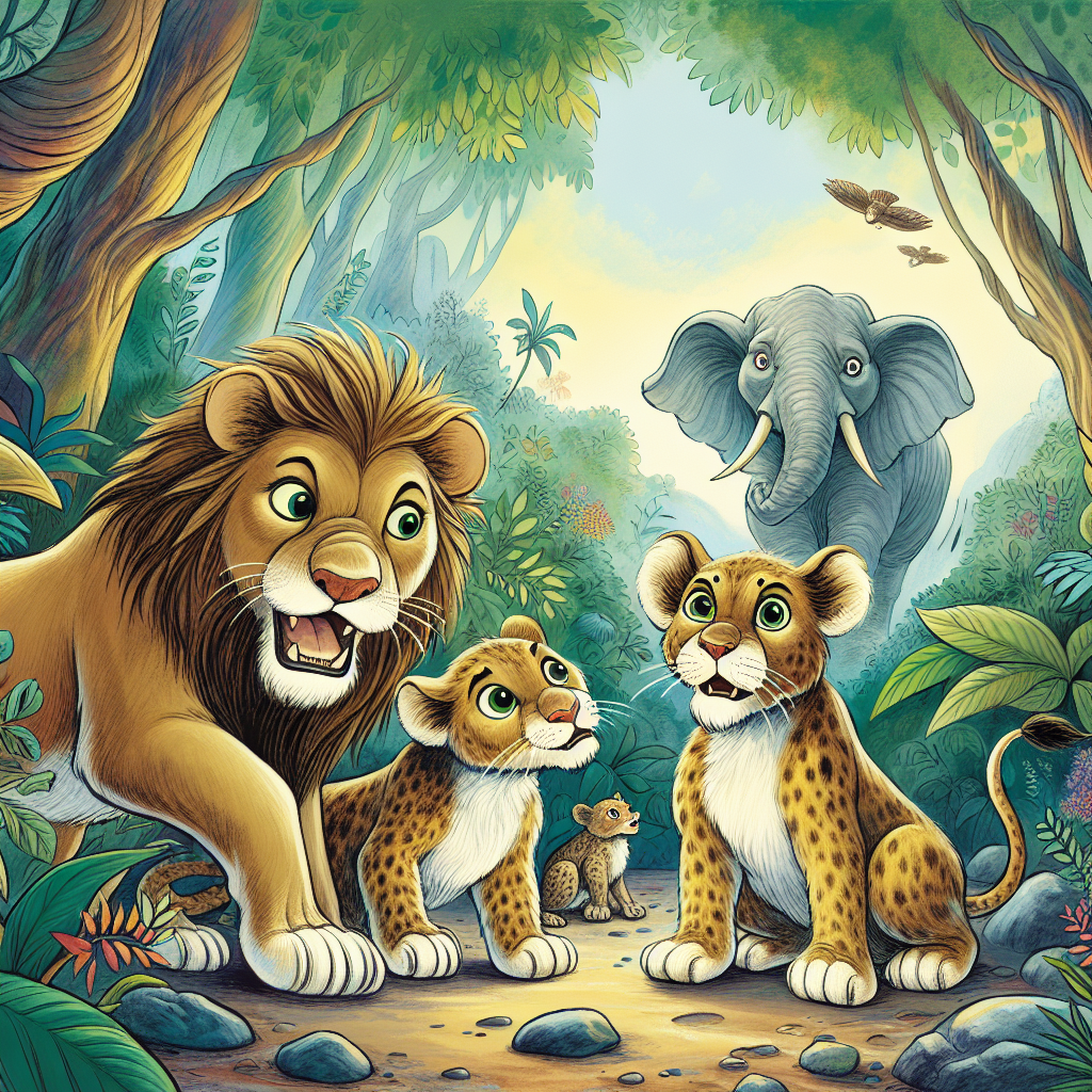 Colorful children's illustration for the story: The Jackal and the Lions
