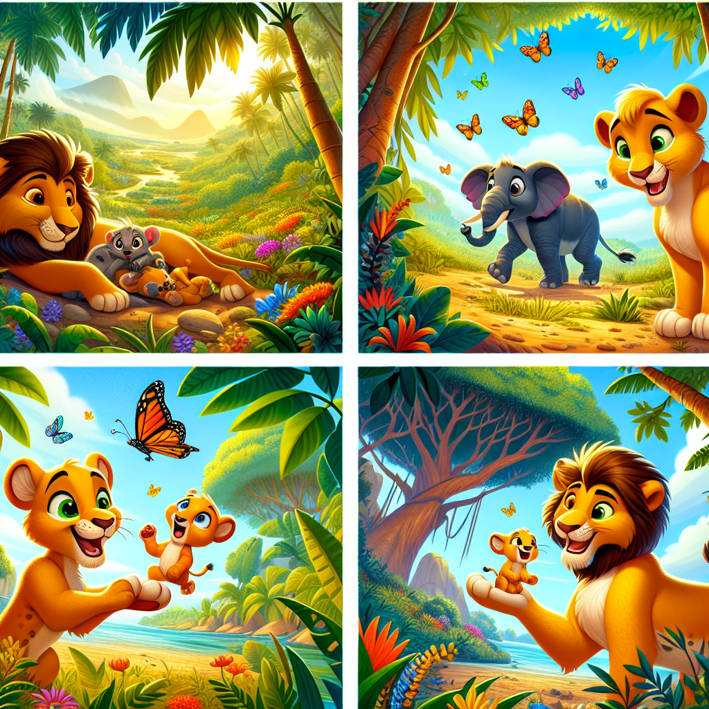 Colorful cartoon storyboard showing 8 key scenes from The Jackal and the Lions