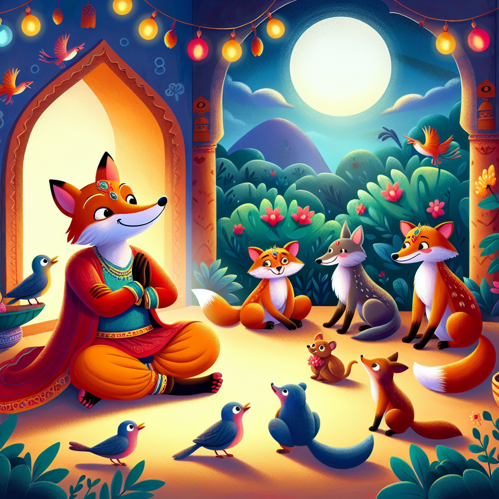 Colorful children's illustration for the story: The Jackal and the Tiger